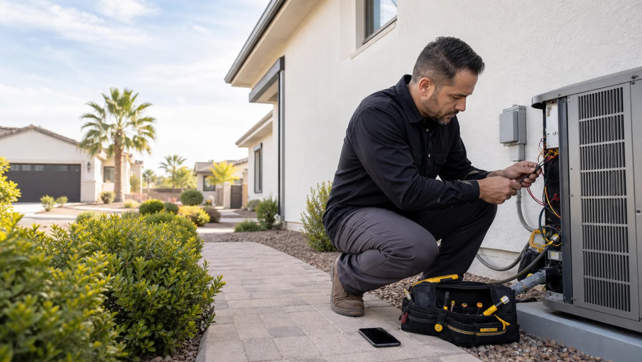 An HVAC professional working while a phone rests nearby