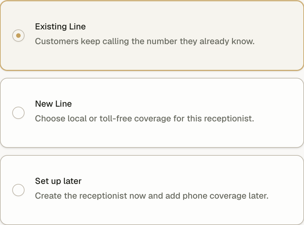 Phone coverage choices: Existing Line, New Line, and Set up later.