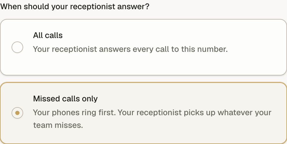 Use your current number. Forward all calls or missed calls to your receptionist.